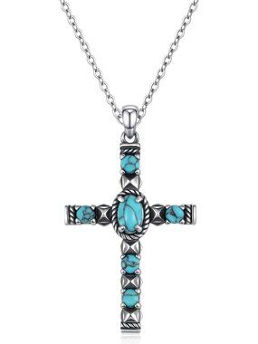 Turquoise Bead Cross Necklace for Women, Solid Sterling Silver Western Style